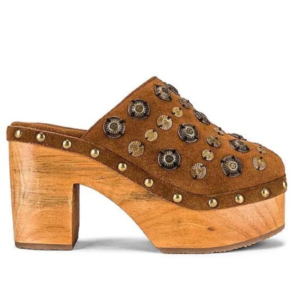 Free People Brown Studded Suede Wood Platform Clogs